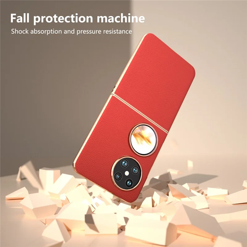 For Huawei Pocket 2 Case Electroplating Frame Genuine Cow Leather + PC Anti-Fall Cover - Red