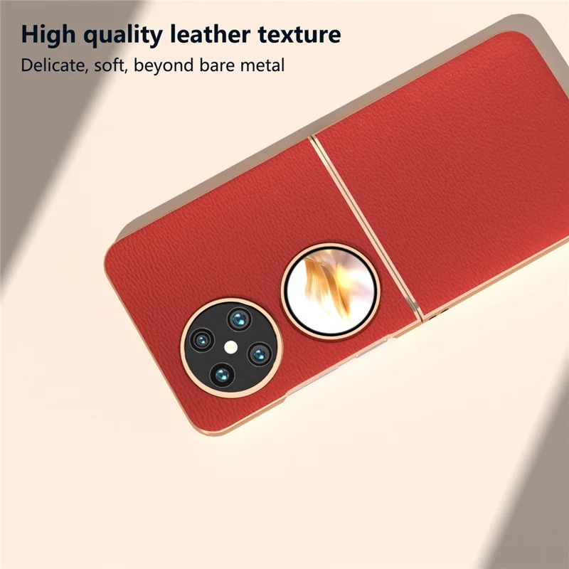 For Huawei Pocket 2 Case Electroplating Frame Genuine Cow Leather + PC Anti-Fall Cover - Red