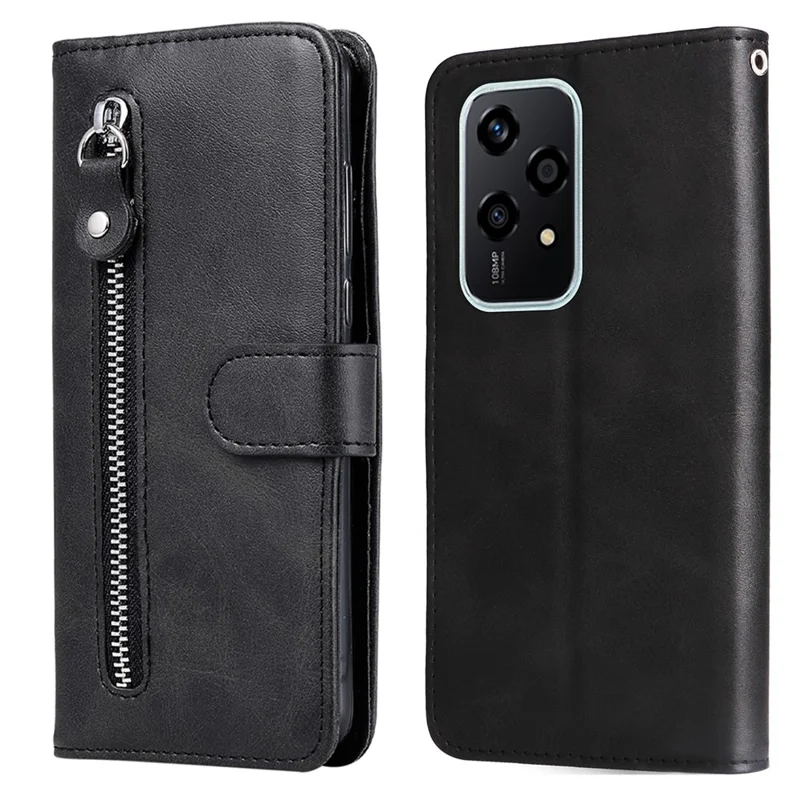For Honor 200 Lite Case PU Leather Card Slots Zipper Pocket Phone Cover - Black