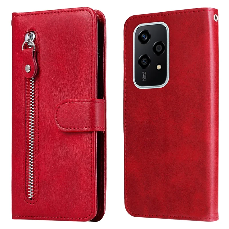 For Honor 200 Lite Case PU Leather Card Slots Zipper Pocket Phone Cover - Red