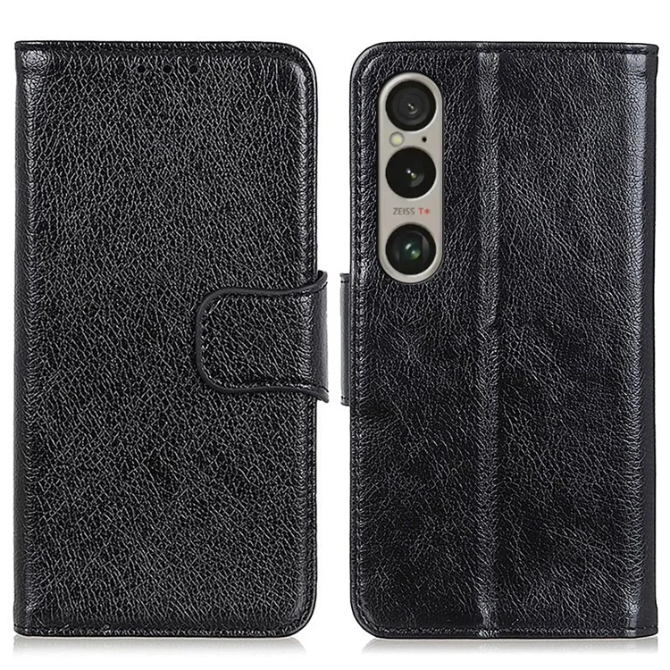 For Sony Xperia 1 VI Phone Case Split Leather Wallet Stand Nappa Texture Shockproof Cover - Black