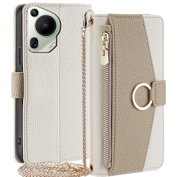 Para Huawei Pura 70 Ultra Stand Case Zipper Wallet Magnetic Phone Cover with Mirror Function - White
