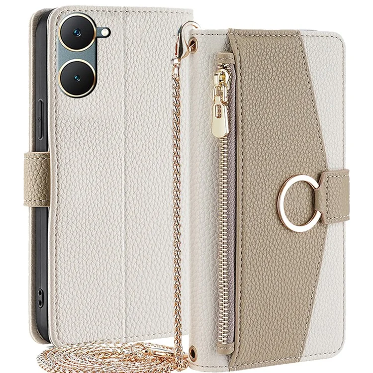 Für vivo Y03 Case Makeup Mirror PU Leder + TPU Handyhülle mit Ketten-Schulterriemen - Weiß