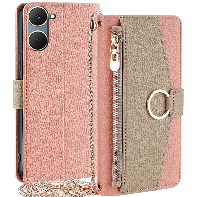For vivo Y03 Case Makeup Mirror PU Leather+TPU Phone Cover with Chain Shoulder Strap - Pink