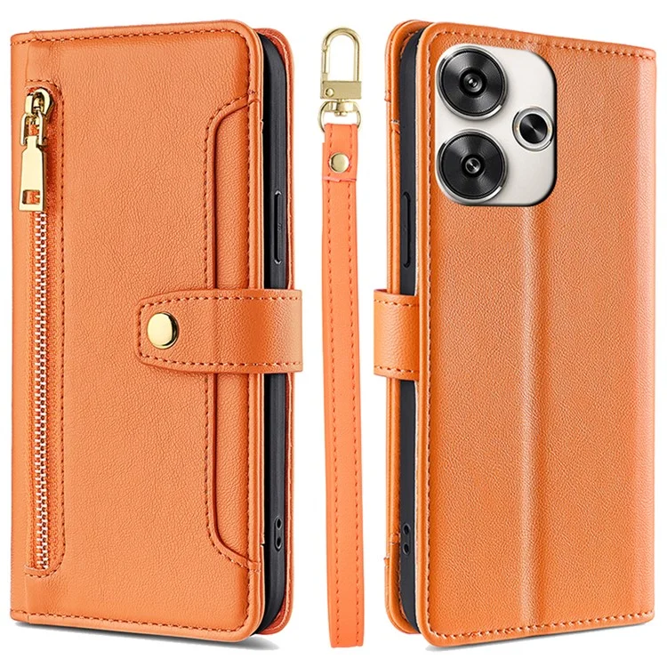 Para Xiaomi Redmi Turbo 3 5G / Poco F6 5G Capa Case Couro PU Zíper Flip Phone com 6 Slots de Cartão - Laranja