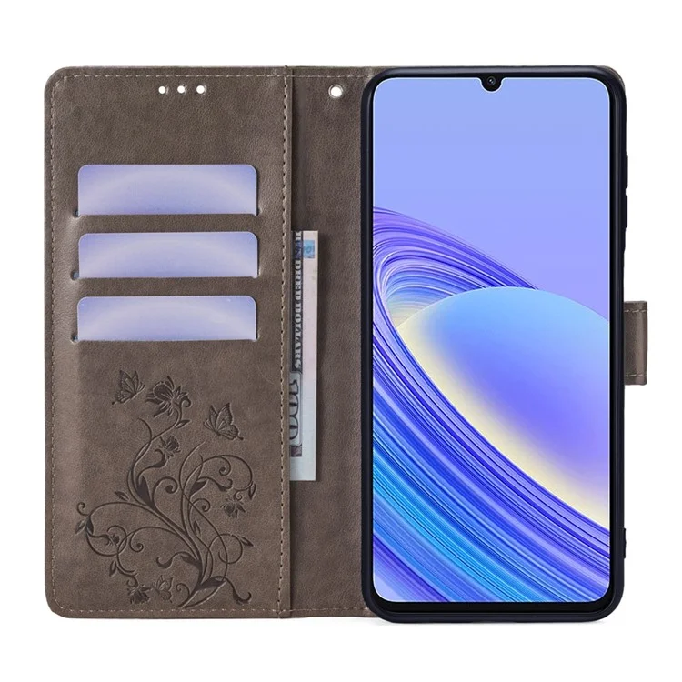 Para TCL 40 SE PU Leather Phone Case Butterfly Flower Imprinted Phone Cover - Grey