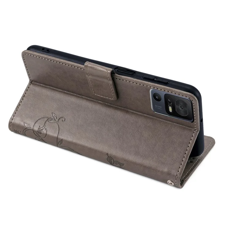 Para TCL 40 SE PU Leather Phone Case Butterfly Flower Imprinted Phone Cover - Grey