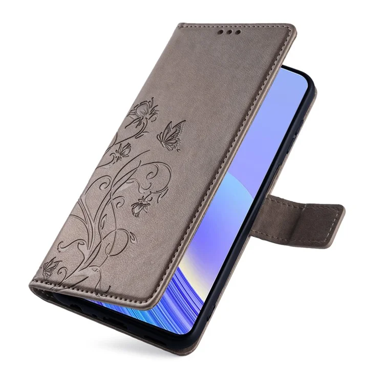 Para TCL 40 SE PU Leather Phone Case Butterfly Flower Imprinted Phone Cover - Grey