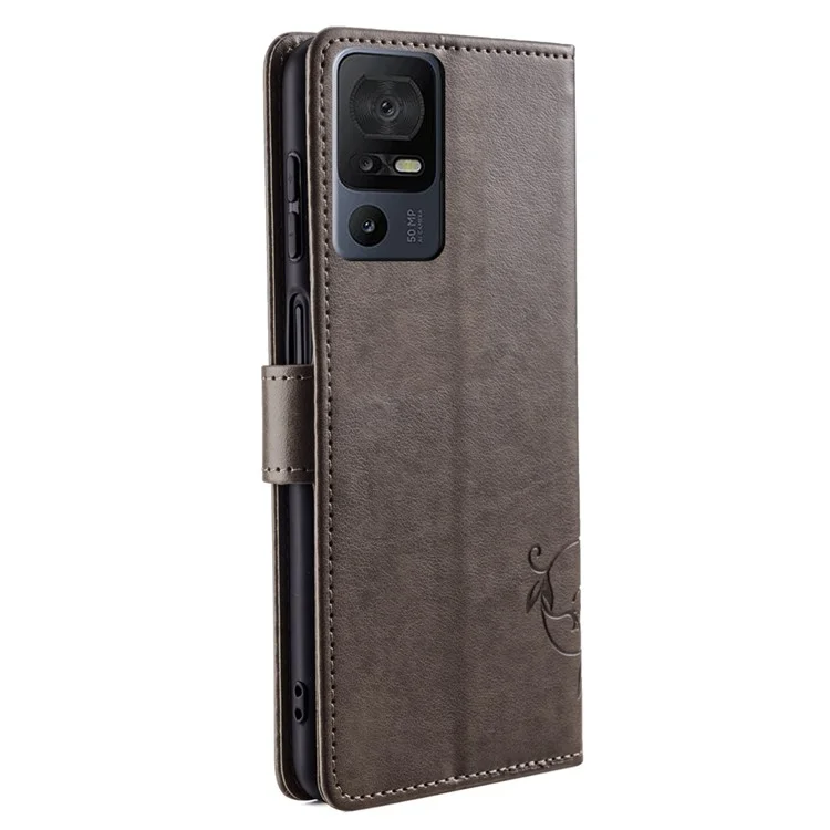 Para TCL 40 SE PU Leather Phone Case Butterfly Flower Imprinted Phone Cover - Grey