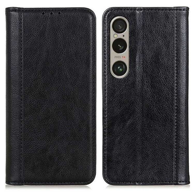 Для Sony Xperia 1 VI Чехол Litchi Texture Split Leather Stand Magnetic Absorption Phone Cover - Black