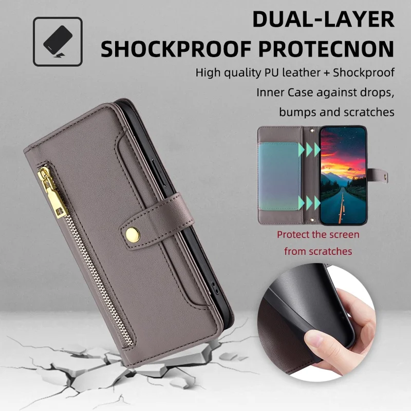 Per TCL 505 Case PU Leather Bump Proof Cash Pocket Crossbody Phone Cover - Grey