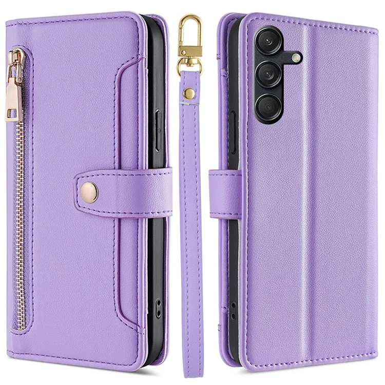 For Samsung Galaxy M55 5G / C55 5G / F55 5G Wallet Case PU Leather Zipper Phone Cover with 2 Straps - Purple