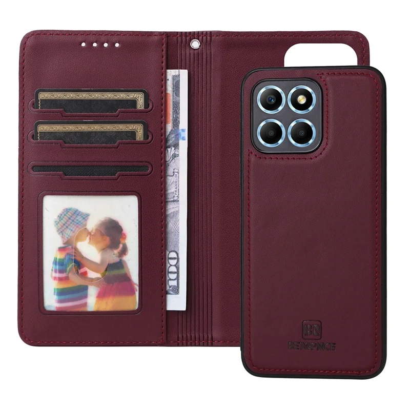 BETOPNICE 005 Per Honor X8 5G / X6 4G / Play6C 4G / X6s 4G / 70 Lite / X8a 5G Custodia Removibile Portafoglio in Pelle - Rosso Vino