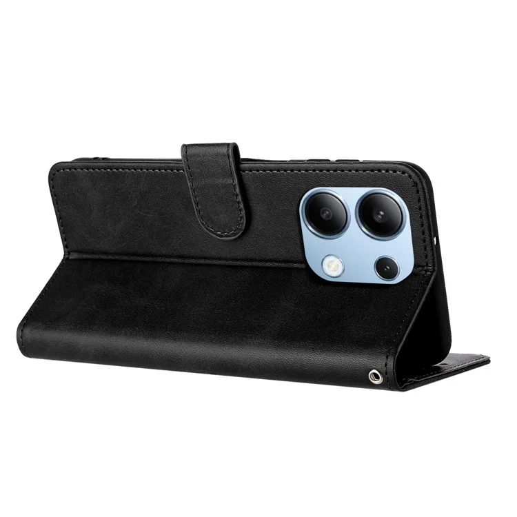 Cell Phone Case for Xiaomi Redmi Note 13 4G Leather Calf Texture Cover with Strap - Black