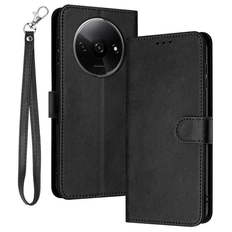 For Xiaomi Redmi A3 / Poco C61 4G Case Magnetic Clasp Leather Wallet Stand Phone Cover with Strap - Black