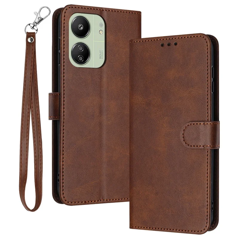 For Xiaomi Redmi 13C 4G / 5G / 13R 5G / Poco C65 4G / Poco M6 5G Case TPU+PU Leather Stand Phone Cover with Wrist Strap - Brown