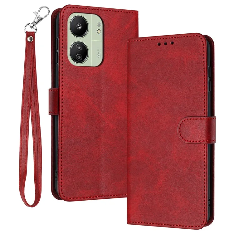For Xiaomi Redmi 13C 4G / 5G / 13R 5G / Poco C65 4G / Poco M6 5G Case TPU+PU Leather Stand Phone Cover with Wrist Strap - Red