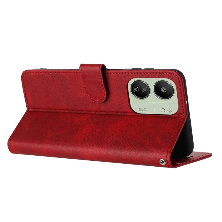 For Xiaomi Redmi 13C 4G / 5G / 13R 5G / Poco C65 4G / Poco M6 5G Case TPU+PU Leather Stand Phone Cover with Wrist Strap - Red