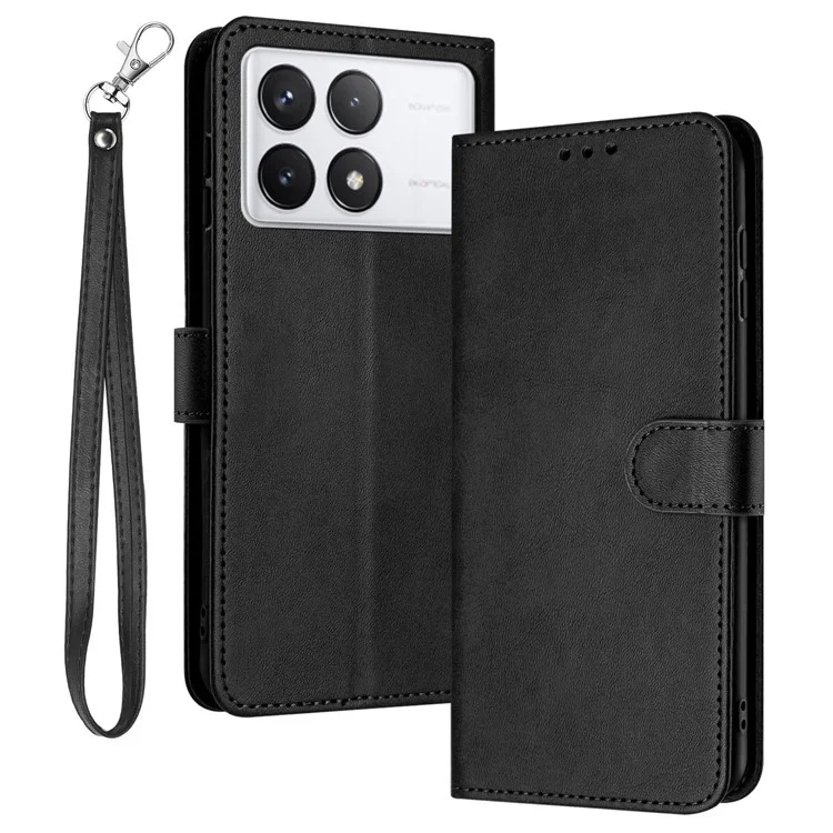 For Xiaomi Poco F6 Pro 5G / Redmi K70 5G / K70 Pro 5G Cover Leather Stand Phone Protective Shell with Wrist Strap - Black