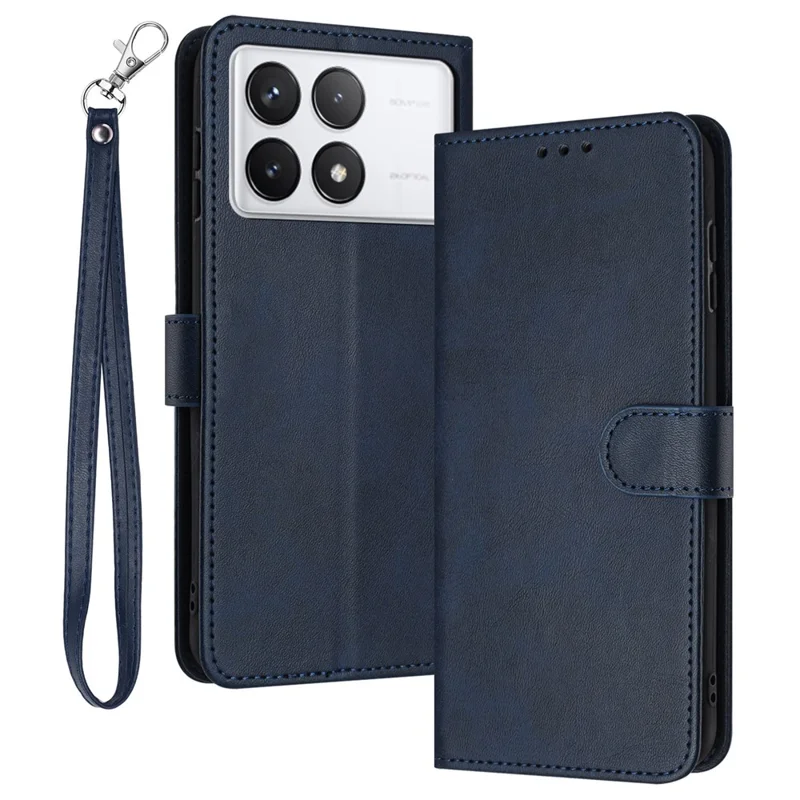 For Xiaomi Poco F6 Pro 5G / Redmi K70 5G / K70 Pro 5G Cover Leather Stand Phone Protective Shell with Wrist Strap - Sapphire