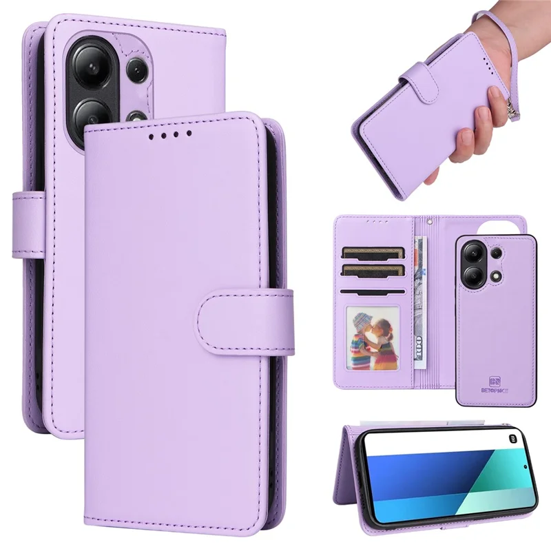 For Xiaomi Redmi Note 13 4G Magnetic Case BETOPNICE Detachable PU Leather Phone Cover with Strap - Purple