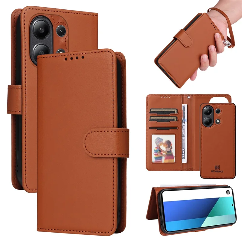 For Xiaomi Redmi Note 13 4G Magnetic Case BETOPNICE Detachable PU Leather Phone Cover with Strap - Brown