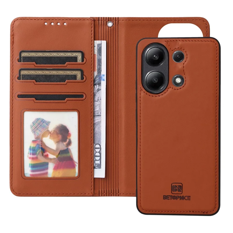 For Xiaomi Redmi Note 13 4G Magnetic Case BETOPNICE Detachable PU Leather Phone Cover with Strap - Brown