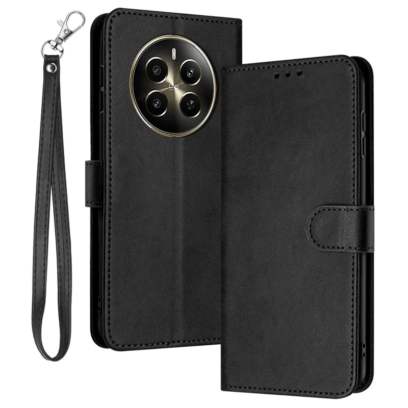 For Realme 12 4G / 12+ 5G / Narzo 70 Pro 5G / P1 5G Case Leather Wallet Anti-Scratch Phone Cover with Stand - Black