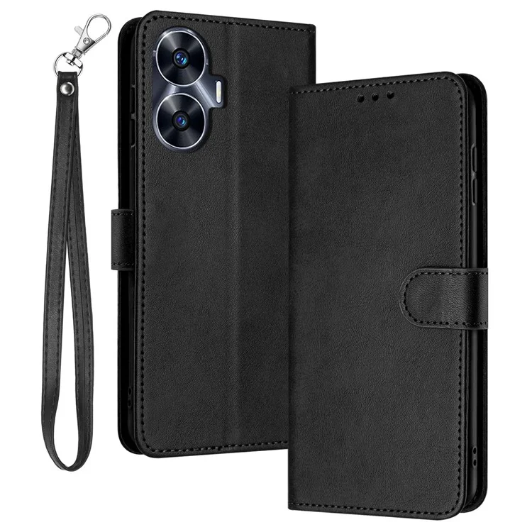 Cell Phone Cases for Realme C55 Wholesale Mobile Supplier PU Leather Wallet Cover with Strap - Black
