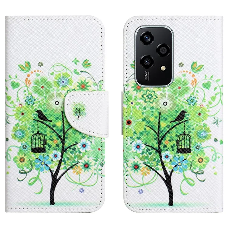For Honor 200 Lite Case Pattern Printing Leather Folio Flip Phone Cover Stand - Green Tree