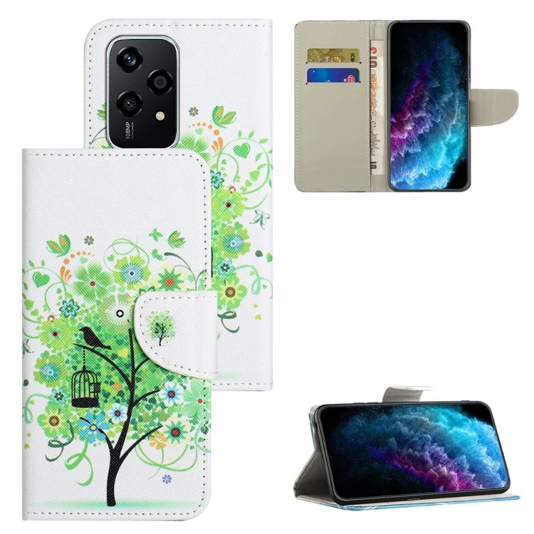 For Honor 200 Lite Case Pattern Printing Leather Folio Flip Phone Cover Stand - Green Tree