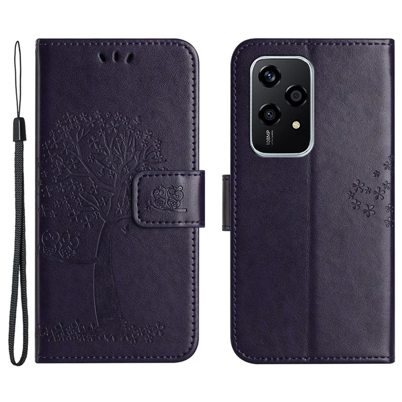 Phone Case for Honor 200 Lite Shell Imprinted Owl Tree Stand Leather Cover - Dark Purple