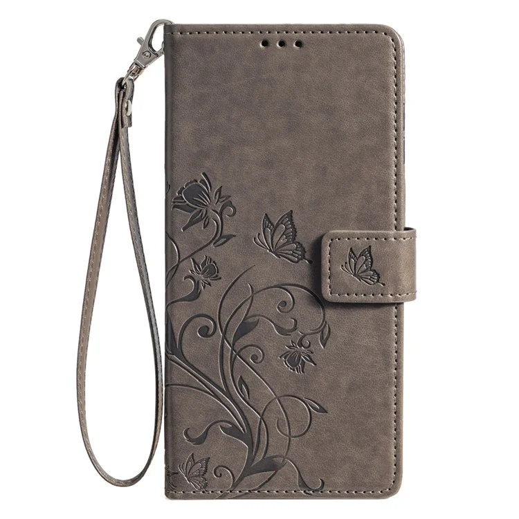 Für Sharp Simple Sumaho 6 A201SH Hülle PU-Leder Schmetterling Blume Brieftasche Abdeckung - Grau