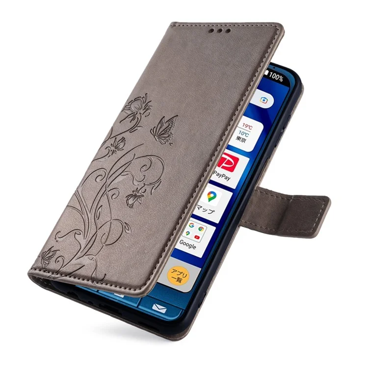 Für Sharp Simple Sumaho 6 A201SH Hülle PU-Leder Schmetterling Blume Brieftasche Abdeckung - Grau