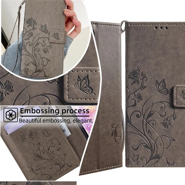 Für Sharp Simple Sumaho 6 A201SH Hülle PU-Leder Schmetterling Blume Brieftasche Abdeckung - Grau