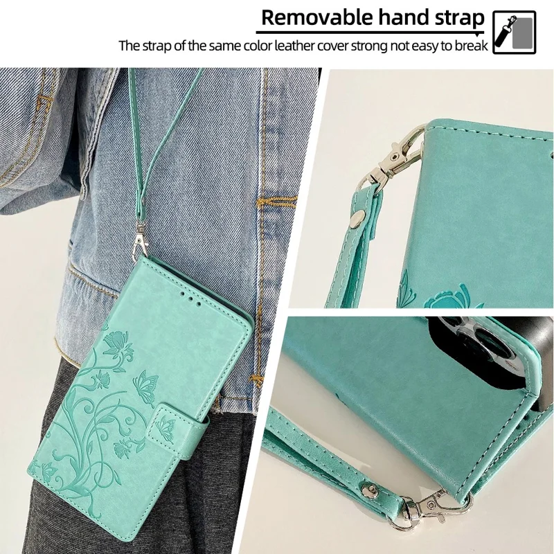 For Sharp Simple Sumaho 6 A201SH Case PU Leather Butterfly Flower Wallet Cover - Green