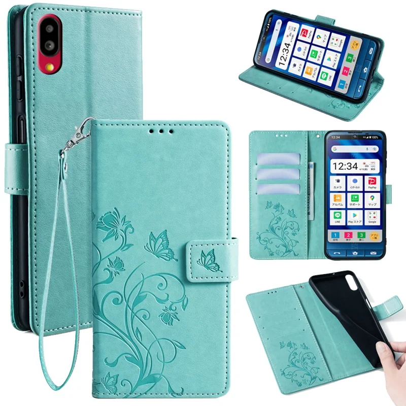 For Sharp Simple Sumaho 6 A201SH Case PU Leather Butterfly Flower Wallet Cover - Green