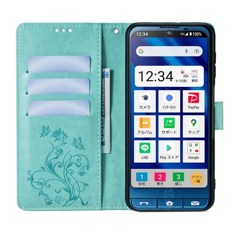 For Sharp Simple Sumaho 6 A201SH Case PU Leather Butterfly Flower Wallet Cover - Green
