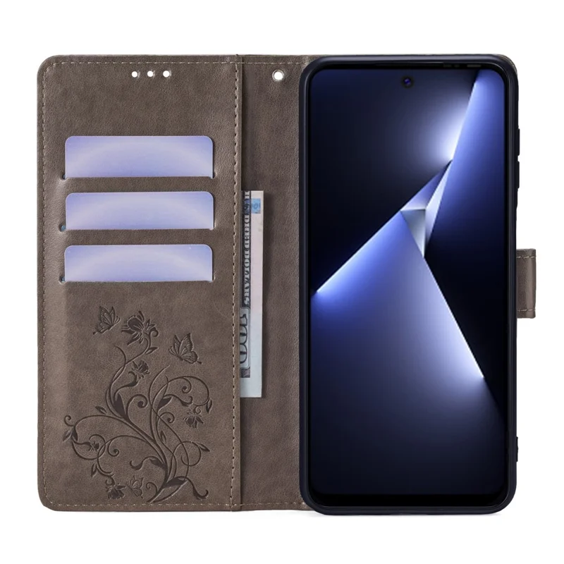 Для TECNO Pova 5 Pro 5G Бумажник Защитный Чехол из искусственной кожи с магнитным клапаном и узором в виде бабочек и цветов - серый