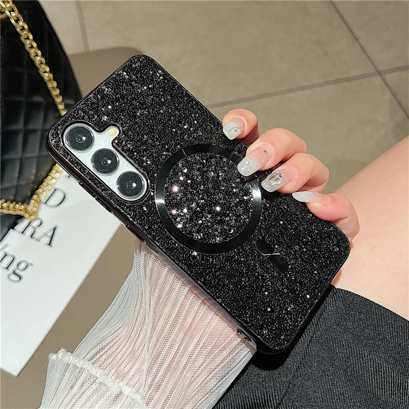 For Samsung Galaxy S24 Magnetic Case Electroplating TPU+PC Sparkle Phone Cover - Black