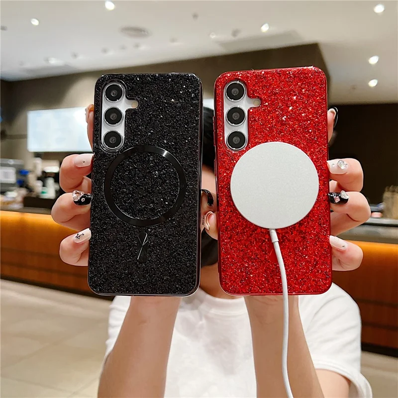 For Samsung Galaxy S24 Magnetic Case Electroplating TPU+PC Sparkle Phone Cover - Black