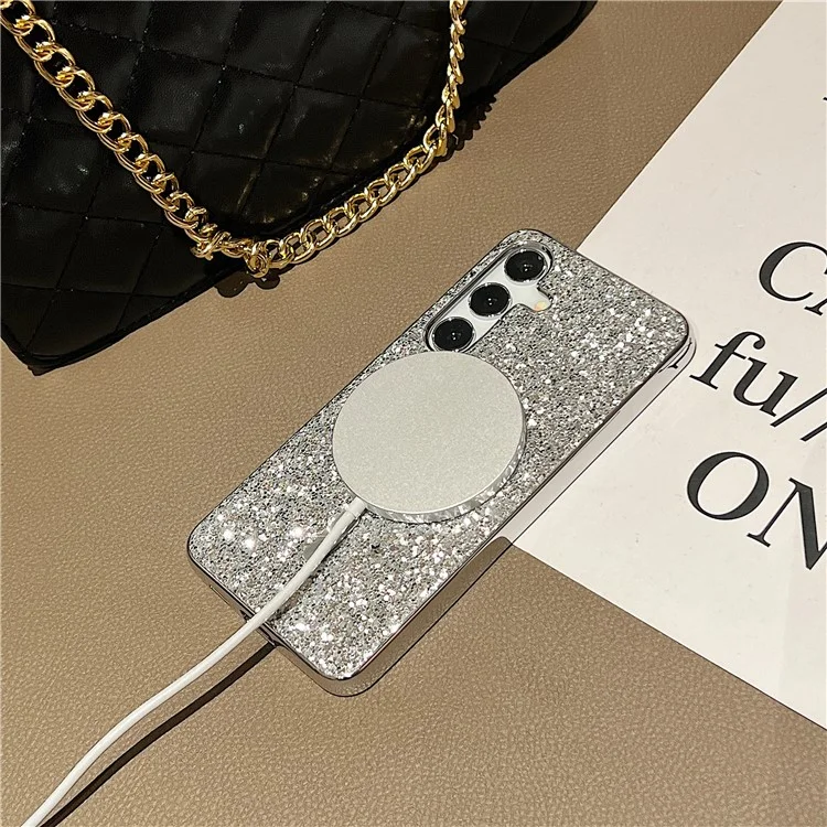 Pour Samsung Galaxy S24+ Étui de téléphone magnétique Glitter Electroplated TPU Frame PC Back Cover - Silver