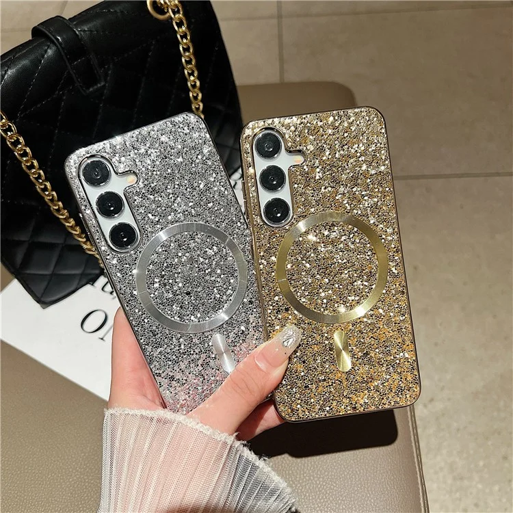 Pour Samsung Galaxy S24+ Étui de téléphone magnétique Glitter Electroplated TPU Frame PC Back Cover - Silver