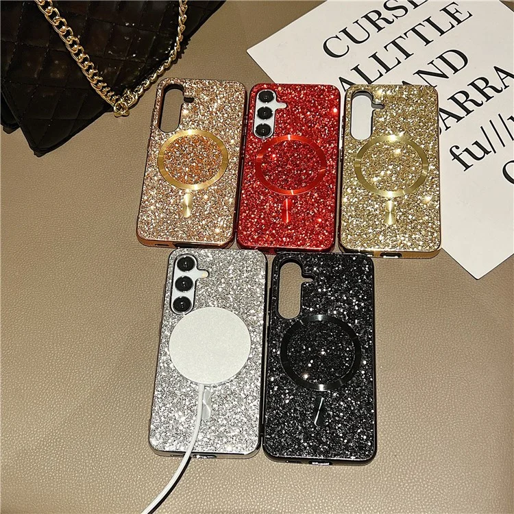 Pour Samsung Galaxy S24+ Étui de téléphone magnétique Glitter Electroplated TPU Frame PC Back Cover - Silver