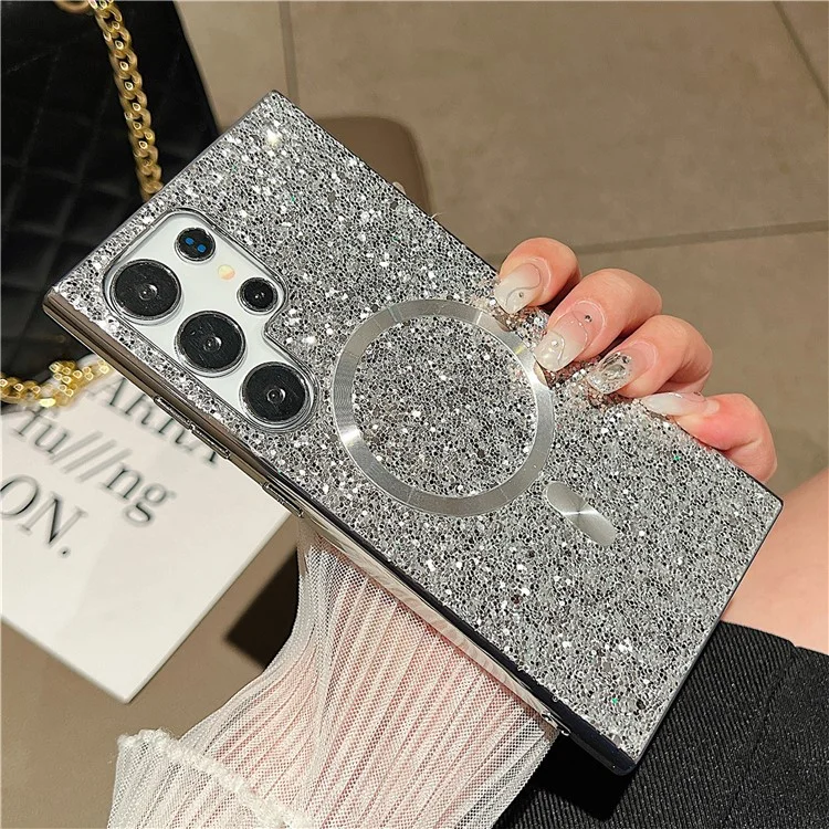 For Samsung Galaxy S24 Ultra Glitter Magnetic Case Electroplating TPU Frame PC Back Mobile Phone Cover - Silver