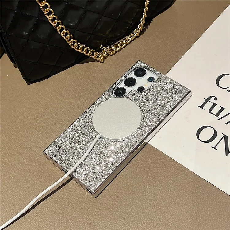 For Samsung Galaxy S24 Ultra Glitter Magnetic Case Electroplating TPU Frame PC Back Mobile Phone Cover - Silver