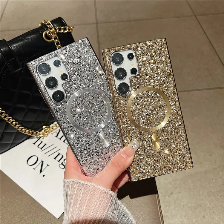 For Samsung Galaxy S24 Ultra Glitter Magnetic Case Electroplating TPU Frame PC Back Mobile Phone Cover - Silver