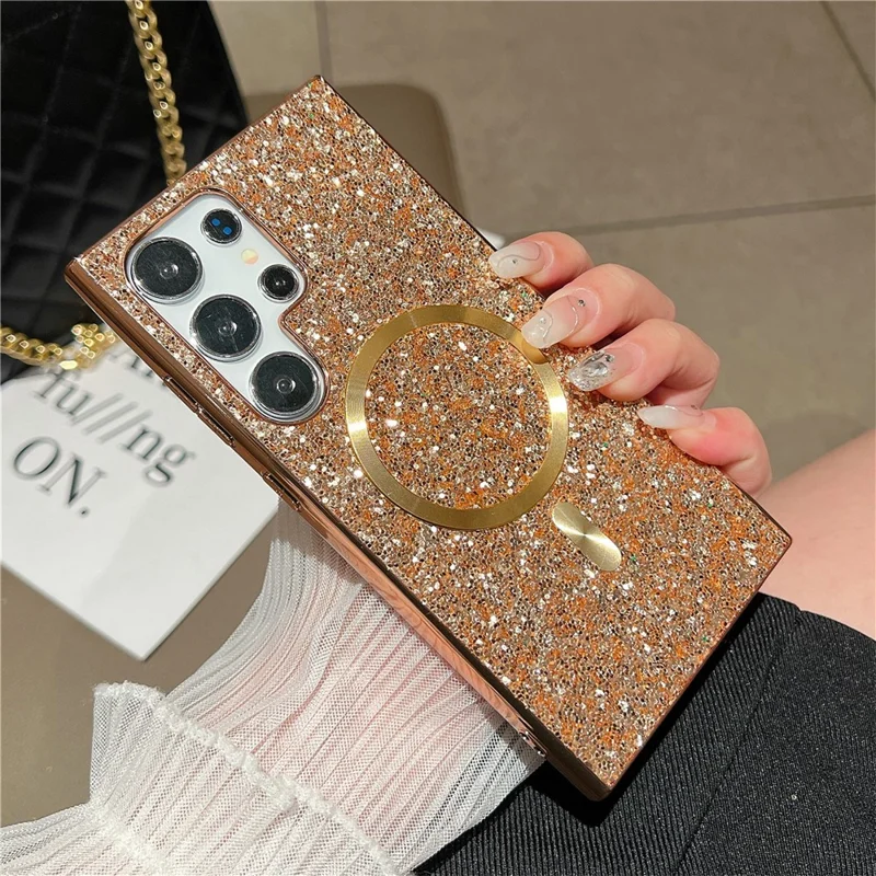 For Samsung Galaxy S24 Ultra Glitter Magnetic Case Electroplating TPU Frame PC Back Mobile Phone Cover - Rose Gold