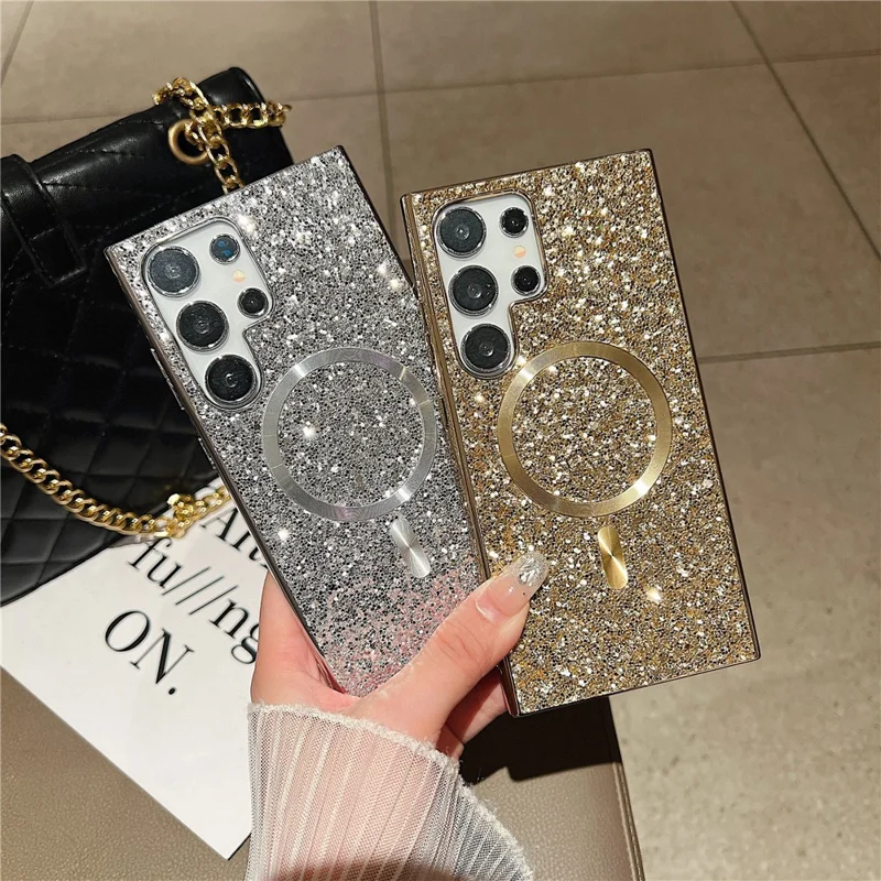 For Samsung Galaxy S24 Ultra Glitter Magnetic Case Electroplating TPU Frame PC Back Mobile Phone Cover - Rose Gold