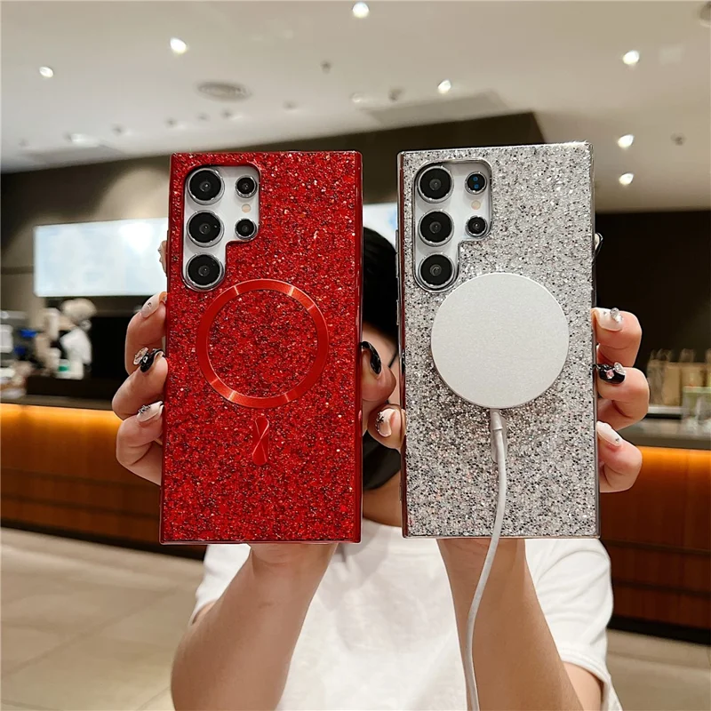 For Samsung Galaxy S24 Ultra Glitter Magnetic Case Electroplating TPU Frame PC Back Mobile Phone Cover - Rose Gold